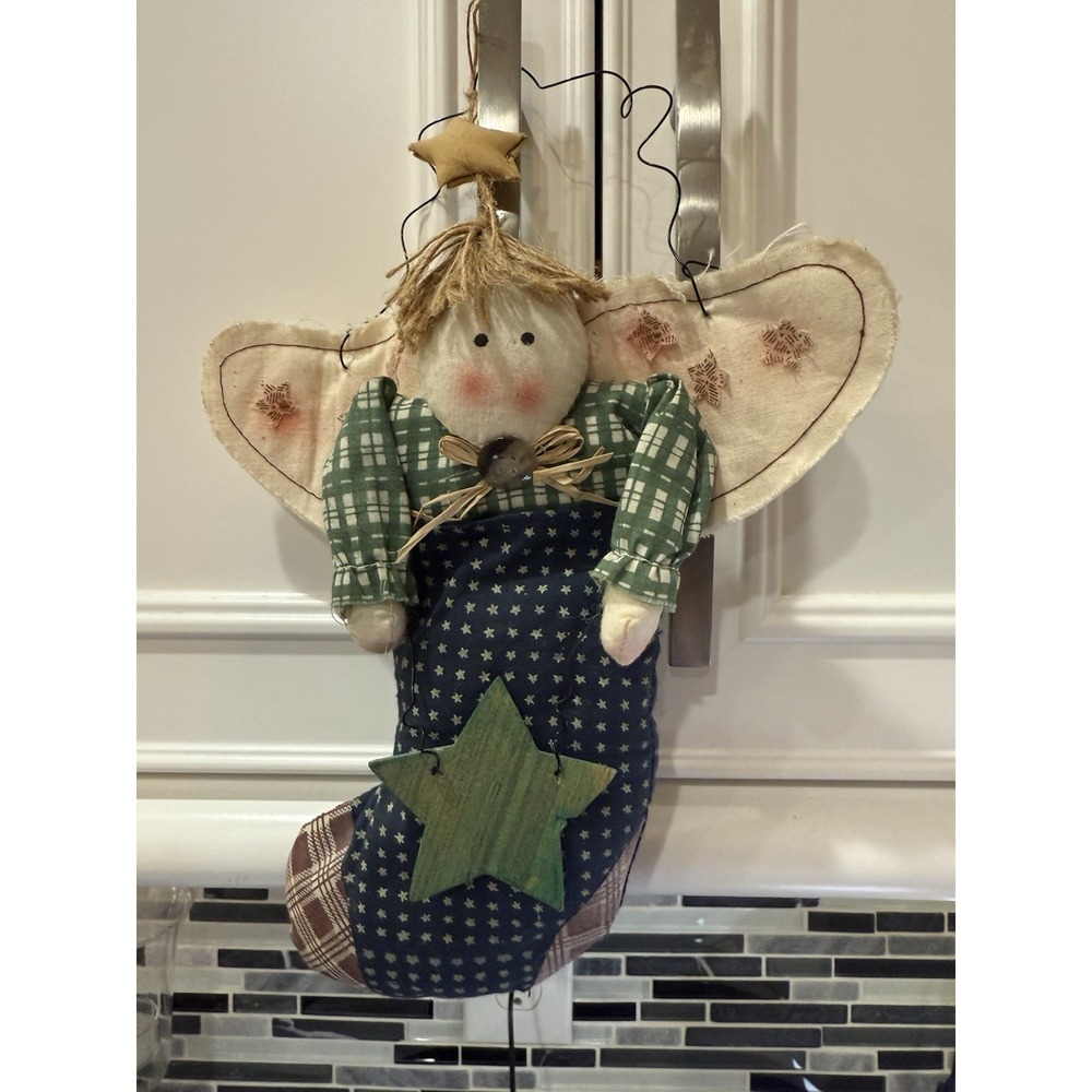 Vintage Primitive Angel Doll In Christmas Stocking -‎ Farmhouse Retro  Decor 10"
